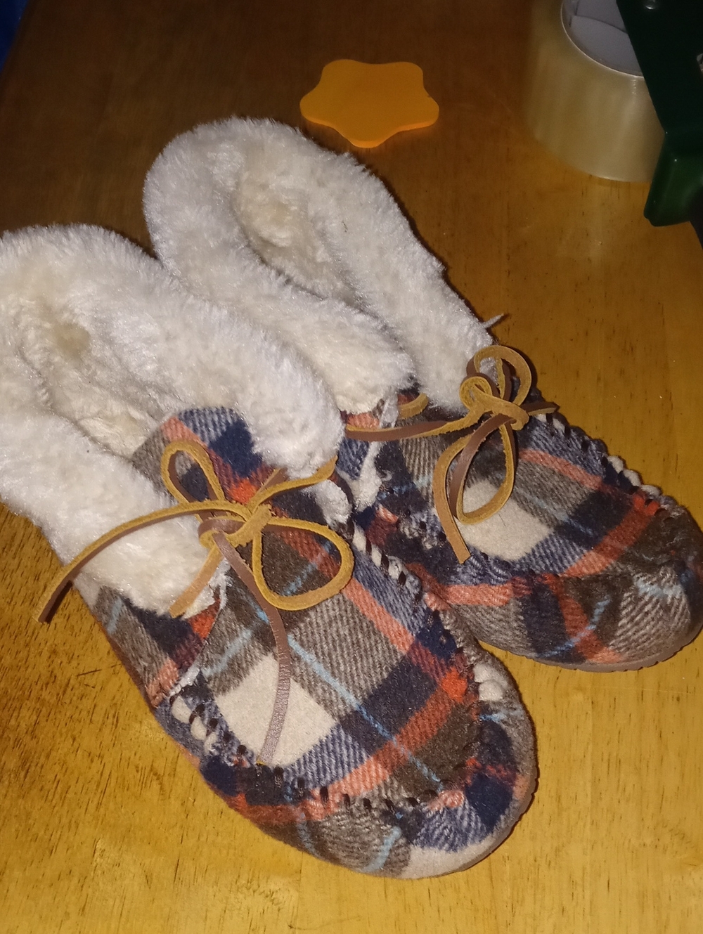 Minnetonka Plaid Sherpa-Lined  Moccasin Slippers - Brown/Blue/Orange